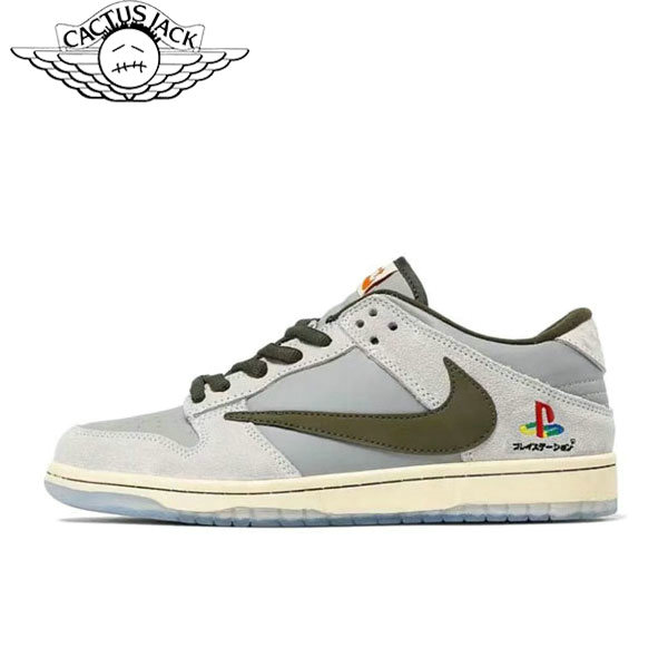 Nike Travis Scott x Play Station x Nike Dunk Low三方聯名 倒鈎低幫板鞋 灰白