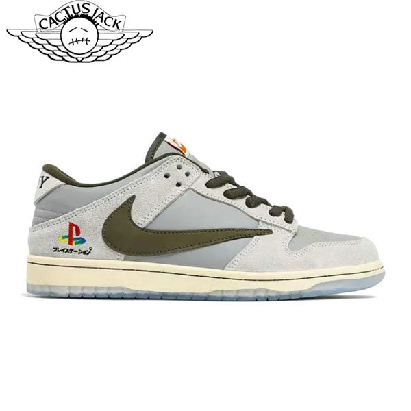 Nike Travis Scott x Play Station x Nike Dunk Low三方聯名 倒鈎低幫板鞋 灰白