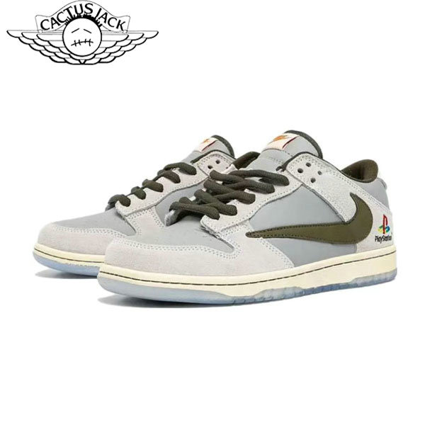 Nike Travis Scott x Play Station x Nike Dunk Low三方聯名 倒鈎低幫板鞋 灰白